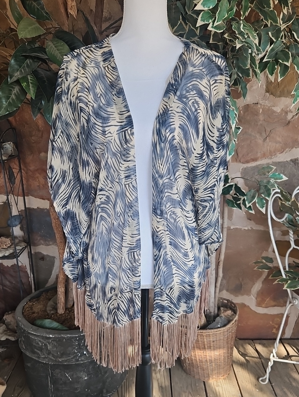Private Label Blue & Cream Open-Front Fringe Kimono Shrug